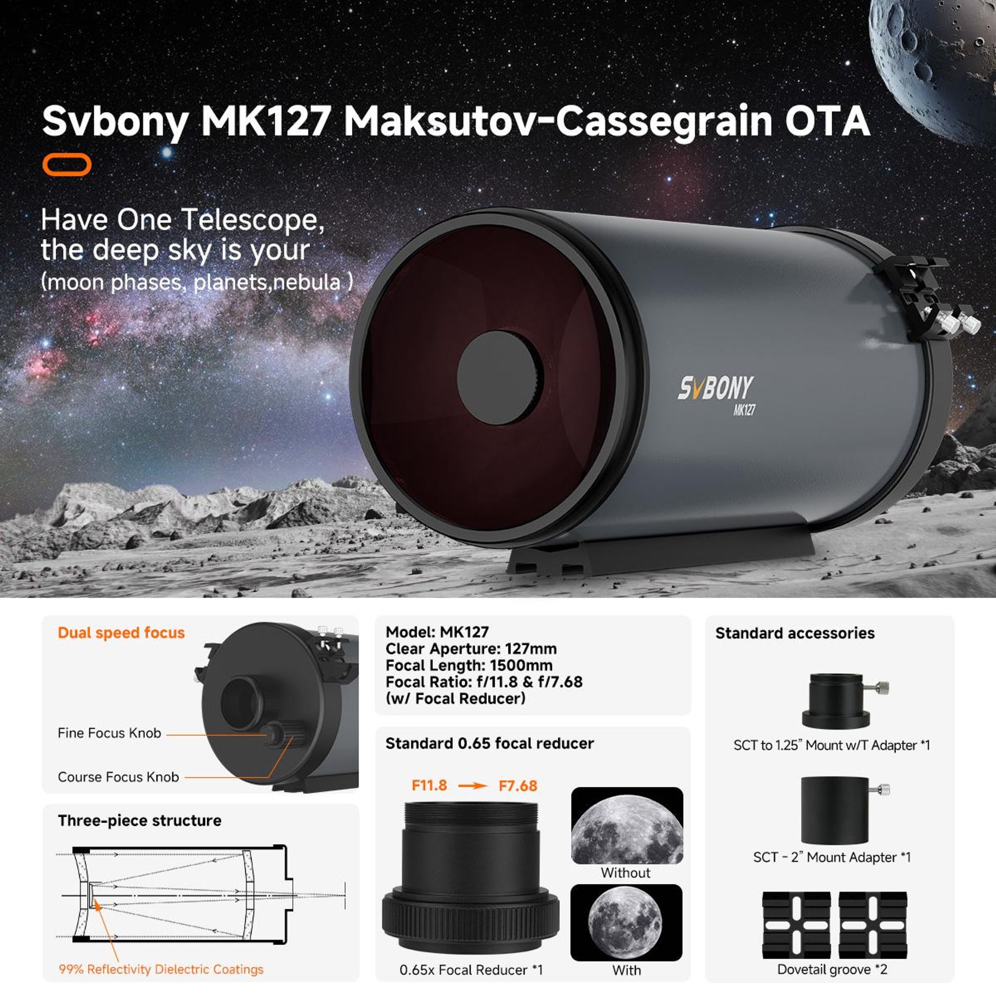 SVBONY MK127 Teleskop Maksutov-Cassegrain, katadioptrický teleskop pre astronómiu, 127 mm f/11,8, prenosná konštrukcia pre pozorovanie Mesiaca a planét