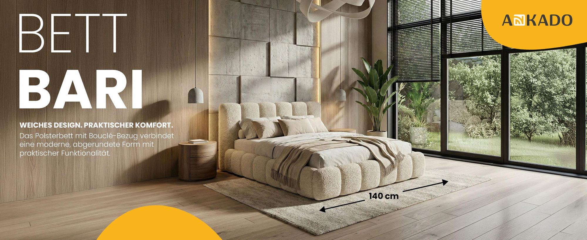 Polsterbett 140x200 cm - Bouclé Stoff - Creme - mit Bettkasten und Stauraum - Quelle 02