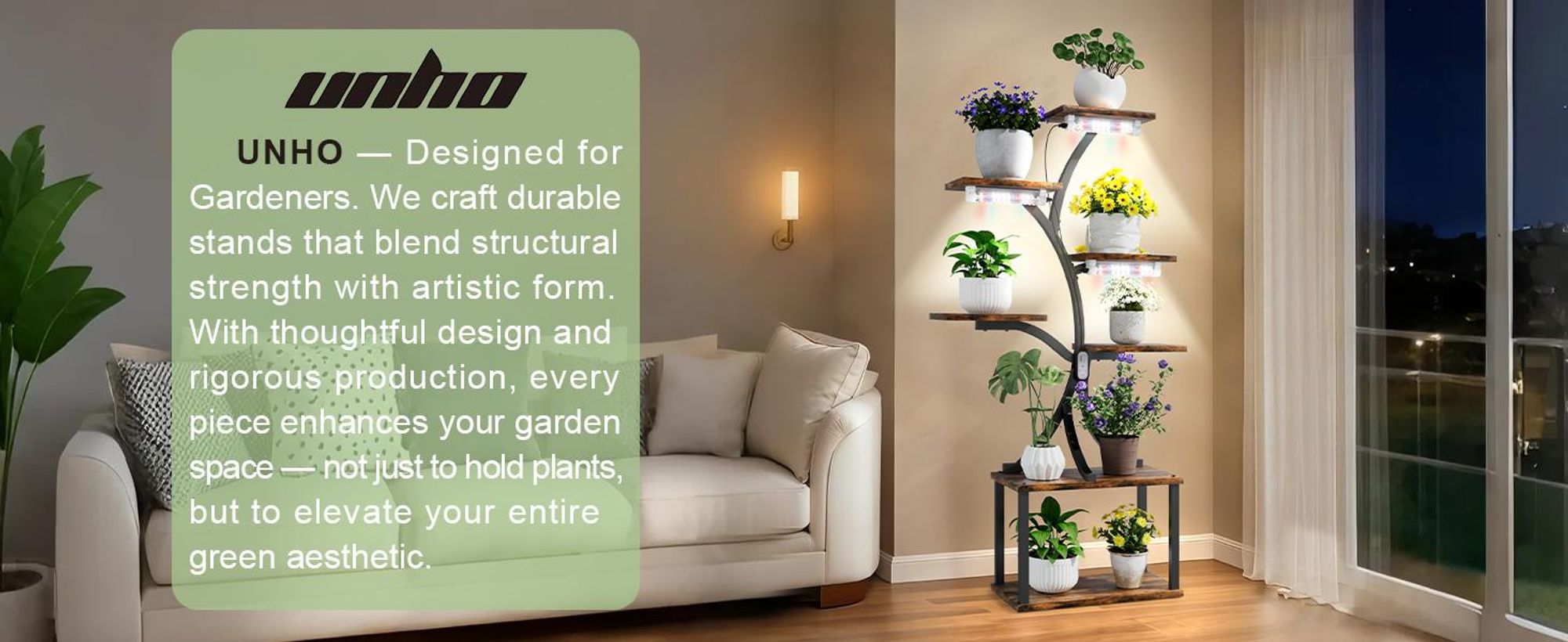 WISFOR Metall Blumenregal Pflanzenregal mit Wachstumslicht, 7 Ebenen Blumenständer Pflanzenständer, Mehrstöckig, für Zimmerecke, Wohnzimmer, Balkon