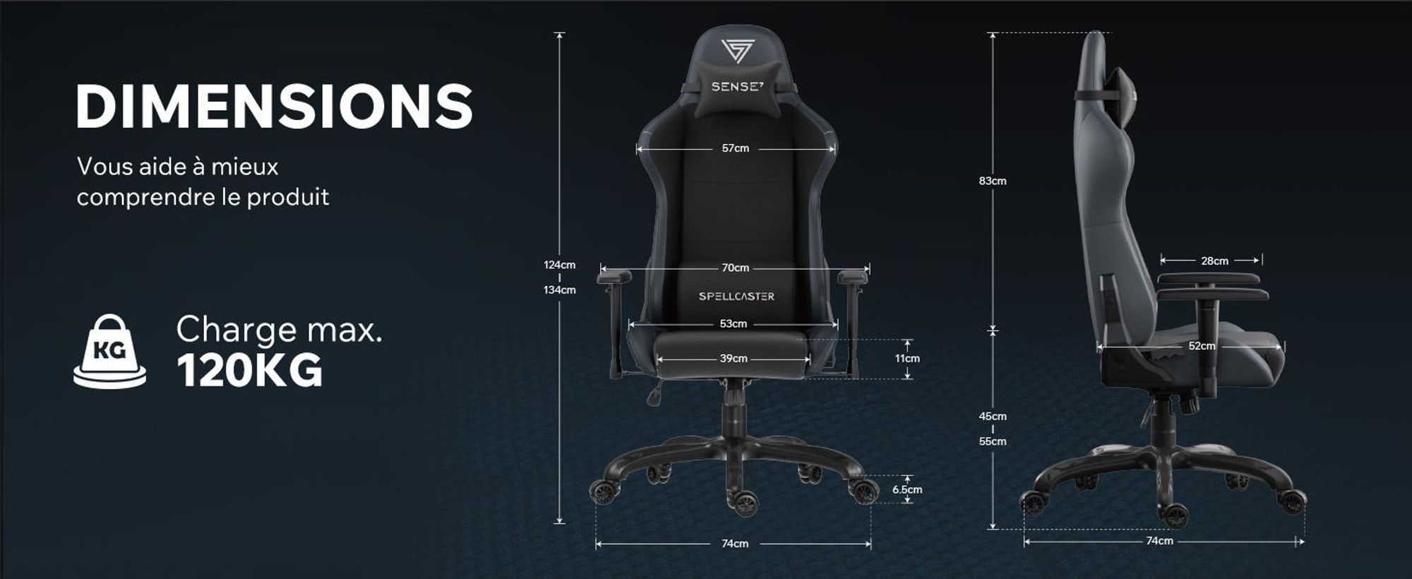 Sense7 Spellcaster FUKU Chaise de jeu, Fauteuil de jeu, Chaise de bureau, Chaise de bureau ergonomique, Chaise pivotante 120 kg Noir