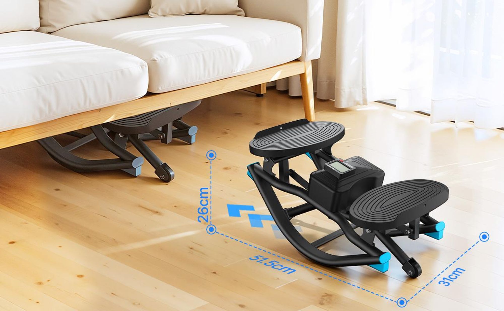 Stepper für Zuhause mit Power Ropes, 3D-Seitbewegung, LCD-Display, rutschfesten Pedalen, bis 150 kg, Merach, Schwarz-Blau