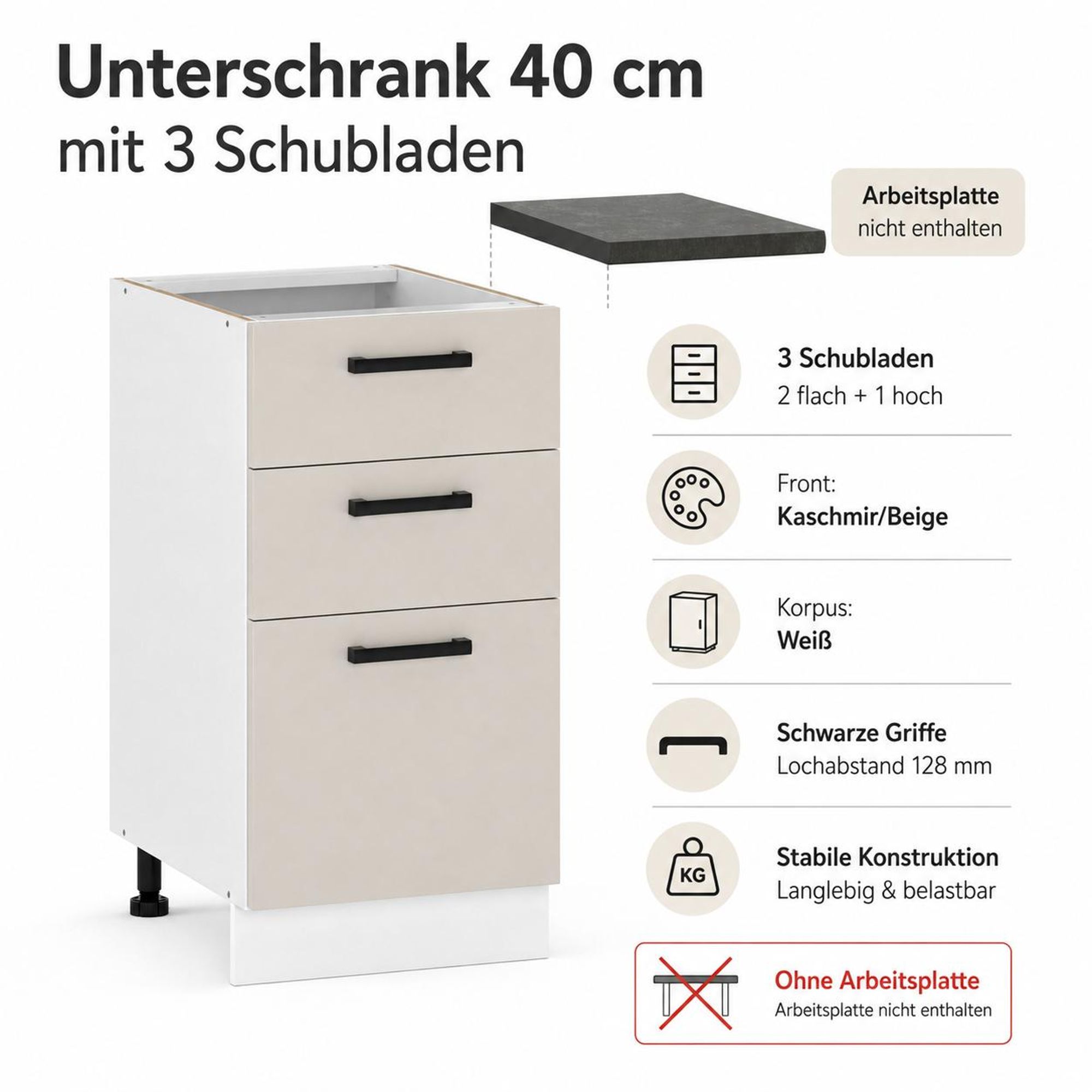 Küchenunterschrank 40 cm Kaschmir Beige: 3 Schubladen, weißer Korpus & schwarze Griffe.