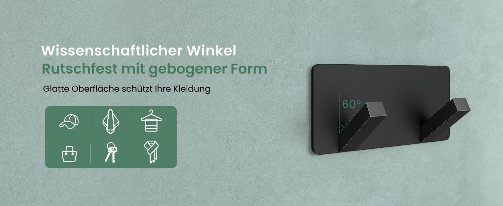 Mai & Mai Kleiderhaken ohne Bohren Wandgarderobe Wandhaken aus Edelstahl mit 2 Haken Garderobenleiste Garderobenhaken 81mm Matt schwarz Stalo-04