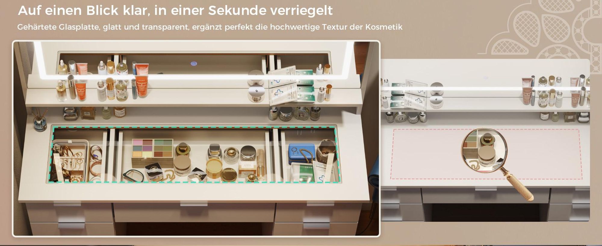 Mondeer Schminktisch mit Hocker, 3-Stufen LED-Spiegel, 11 Schubladen, Steckdosen & Glasplatte, 108x140x40cm Weiß