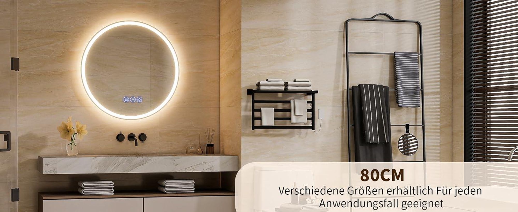 Koonmi runder LED Badspiegel 80 cm, dimmbar, Wandspiegel mit 3 Lichtfarben, Antibeschlagfunktion und bruchsicherem Glas für Badezimmer und Waschtisch