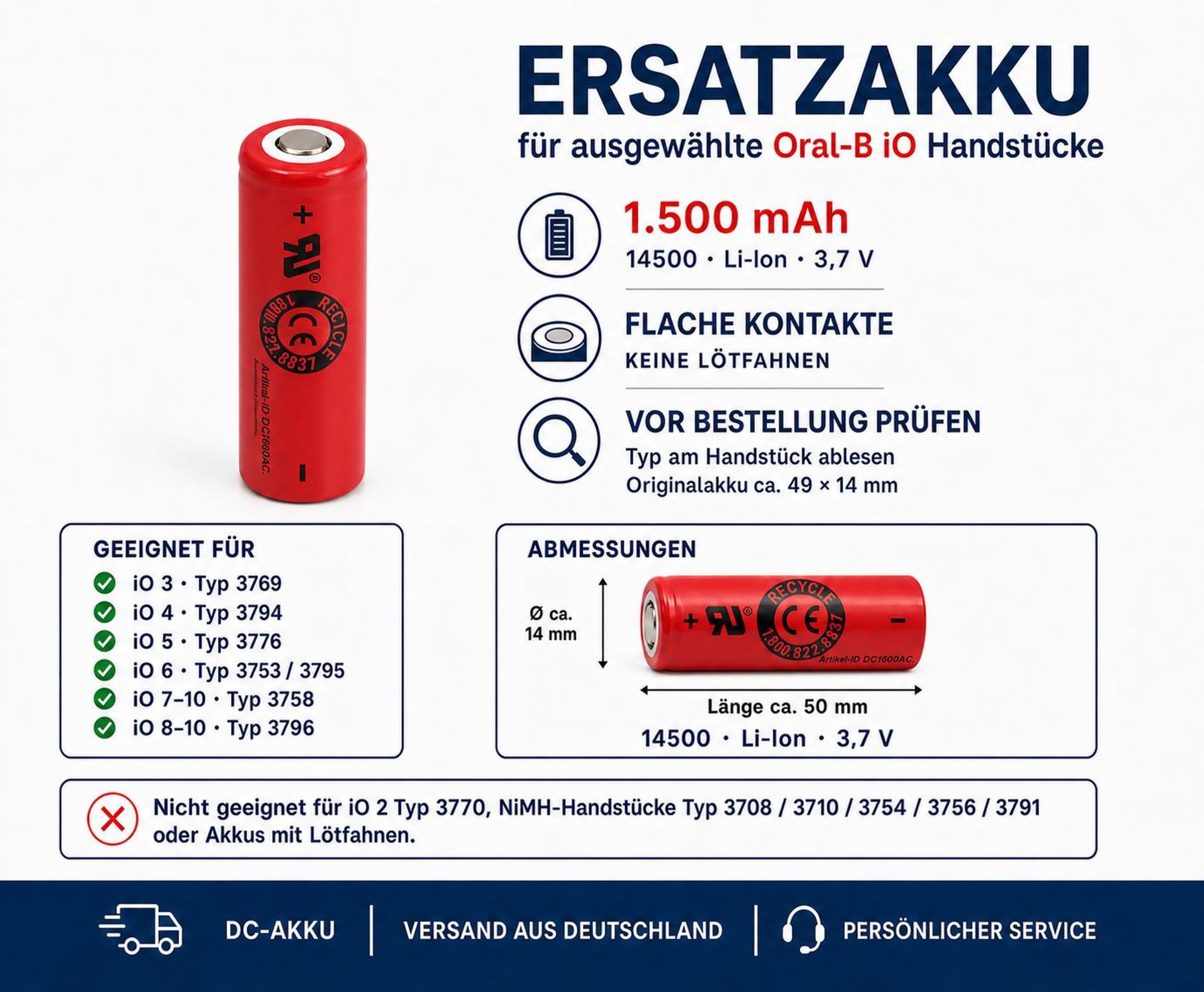 Li-Ion Akku für Oral B IO 9 IO9 3,7V 1500mAh Oral Series 9N IO6 IO7 IO8 IO9 IO10