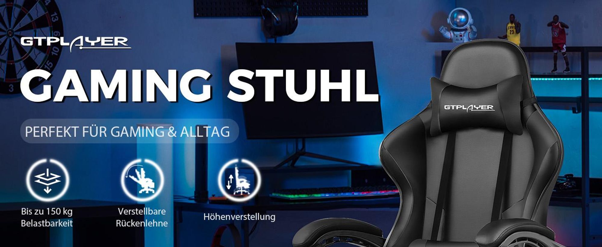 GTPLAYER Fotel biurowy Fotel do gier Fotel do gier z masażem Ergonomiczny fotel do gier z podnóżkiem, zagłówkiem i poduszką lędźwiową do masażu, tapicerowany fotel do gier, fotel obrotowy