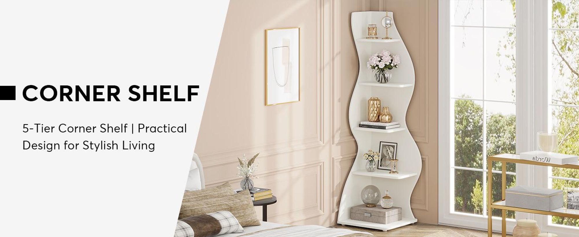 Tribesigns Eckregal, 183 cm hoch, Lagerregal, Bücherregal, Pflanzenständer, Organizer-Einheit, 5 Stufen, Modern, für Zuhause, Büro, Wohnzimmer, Weiß