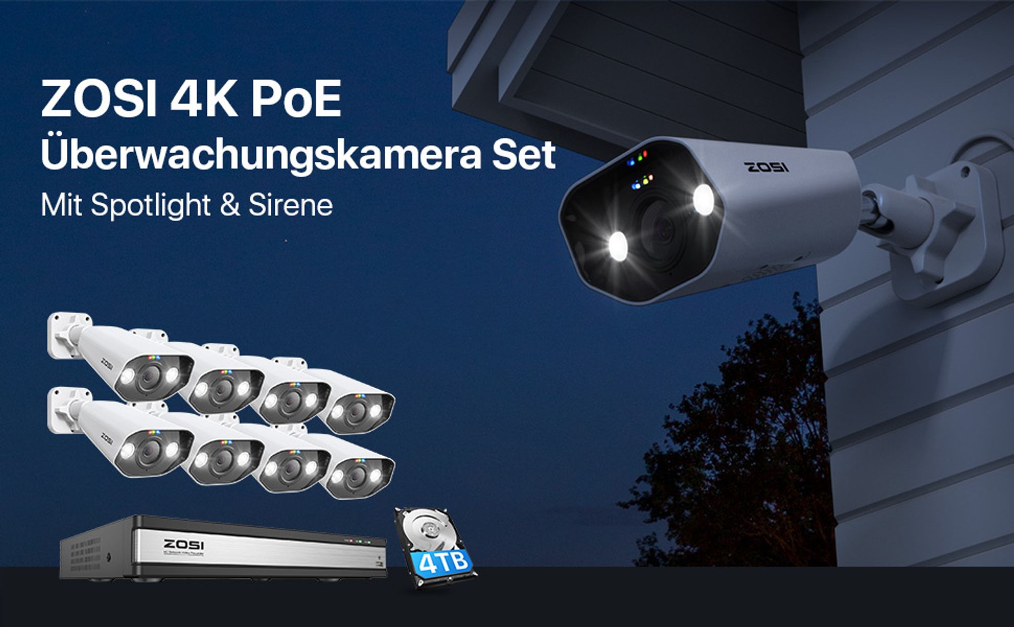 ZOSI 4K Überwachungssystem Außen Set mit Audioaufnehmen, Smarter Videoüberwachung mit 16CH 4TB HDD NVR und 8X 8MP POE Kamera Set