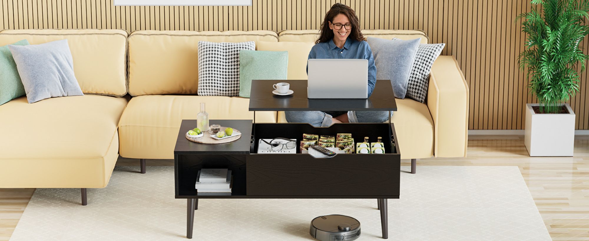 Sweetcrispy Couchtisch Höhenverstellbar, Qualität Wohnzimmertisch, Multifunktionales Coffee Table Ausziehbar, Couchtisch mit Stauraum (Schwarz)