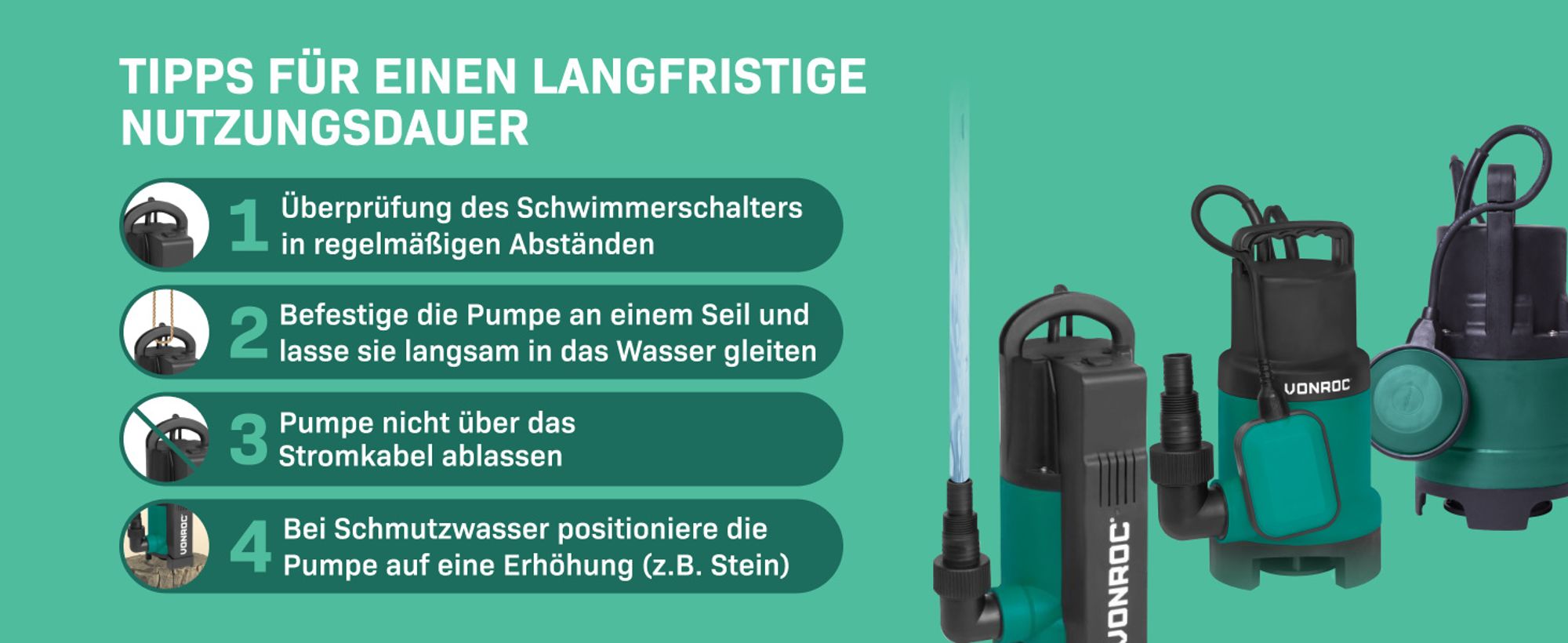 VONROC Tauchpumpe mit integriertem Schwimmer [750W] - Schmutzwasserpumpe für Keller, Pool, Gartenteich - Flachsaugend max Höhe [7,5m] - 1400 l/h