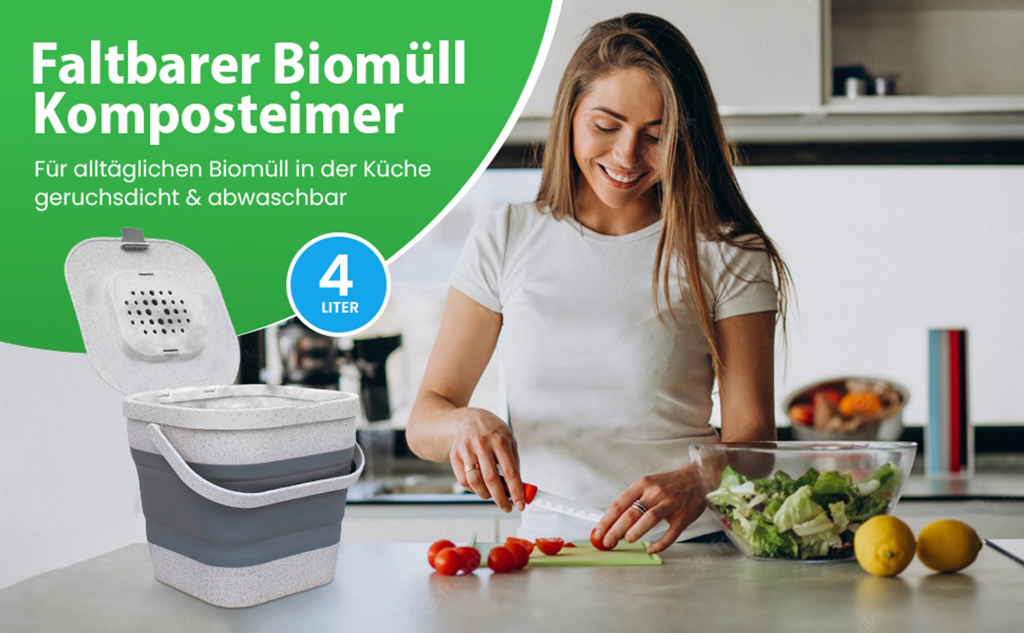 YourCasa® Biomülleimer Küche für Biomüll - Komposteimer Küche - FALTBAR Campingmülleimer - 4L Fassungsvermögen Schwarz