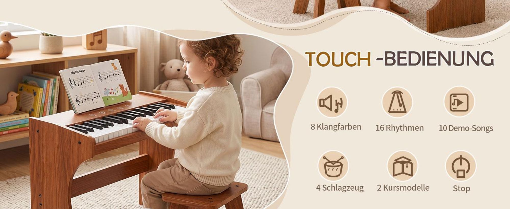 LEADZM Kinder E-Piano 37 Tasten,Kinderklavier Musikspielzeug mit Touch-Bedienfeld, Mikrofon & Sitzbank