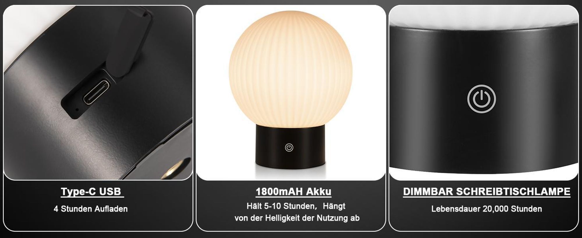 ZMH Lampa Stołowa Bezprzewodowa Lampa Nocna LED Akumulatorowa Lampa Stołowa Biała Ściemnialna Lampa Dotykowa Akumulatorowa Lampa Stołowa USB Okrągłe Szklane Lampy Stołowe