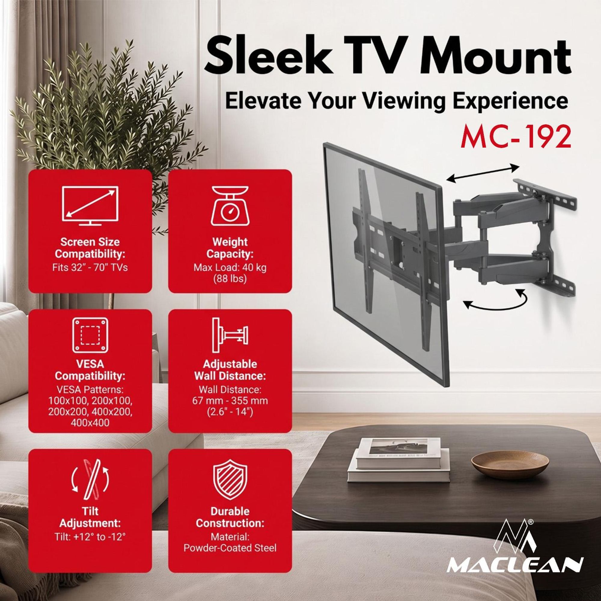 Maclean TV-Halterung/Aufhängung, max. VESA 400x400 32–70" bis zu 40 kg schwarz Neigungsverstellung +12° bis -12°