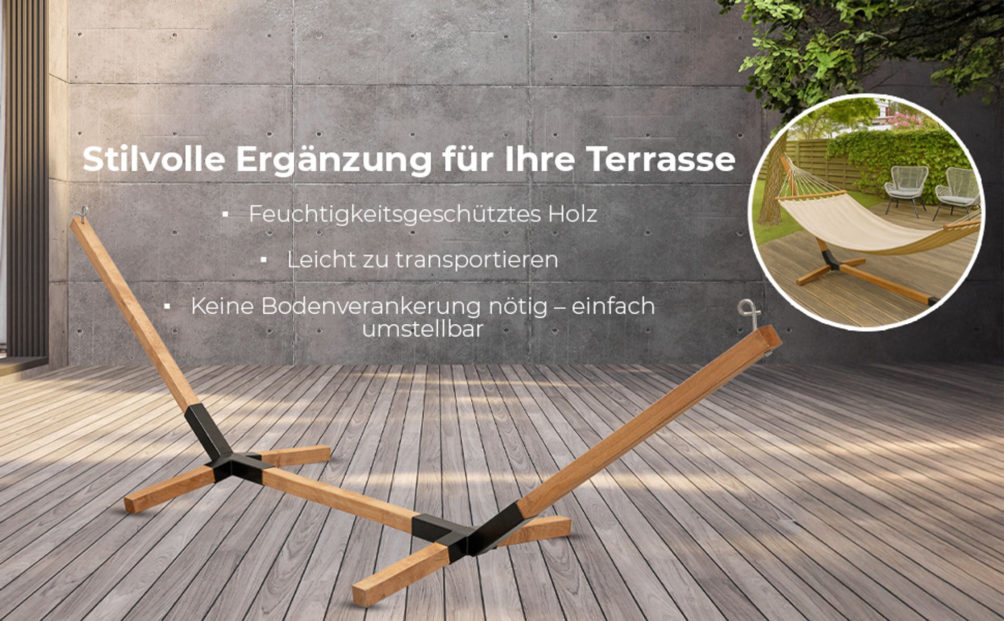 MOE UHANE® Holz Hängemattengestell für Garten und Zuhause, schneller Aufbau ohne Schrauben und Werkzeug, Naturholz und Metallverbindungen, kompakt