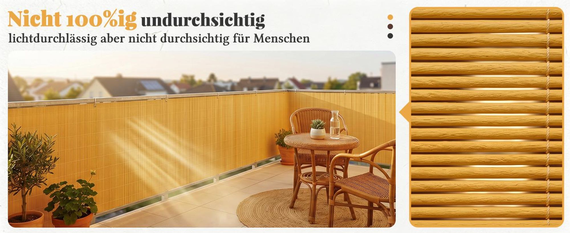 Sekey Balkon Sichtschutz Natürliche Optik Sichtschutzmatte Sichtschutzzaun 80x600cm, Bambusfarbe