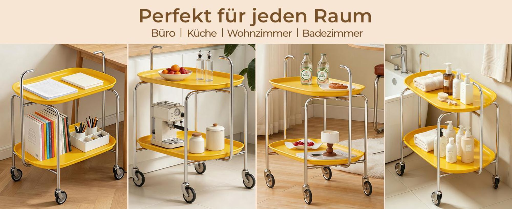 Küchenwagen mit Rollen 3 Etagen, Servierwagen Rollwagen, Mobiler Aufbewahrungswagen mit Griff, 360° Rollen und Bremsen, Gelb
