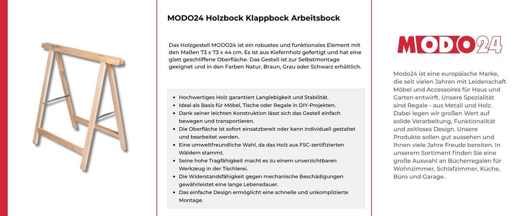 MODO24 Holzbock, 2er Set, Klappbock, Arbeitsbock, Sägebock, Tapezierbock, Klappbar, Massivholz Kiefer, Belastbar, Stabil, 73x73x44 cm, Natur, SDKM