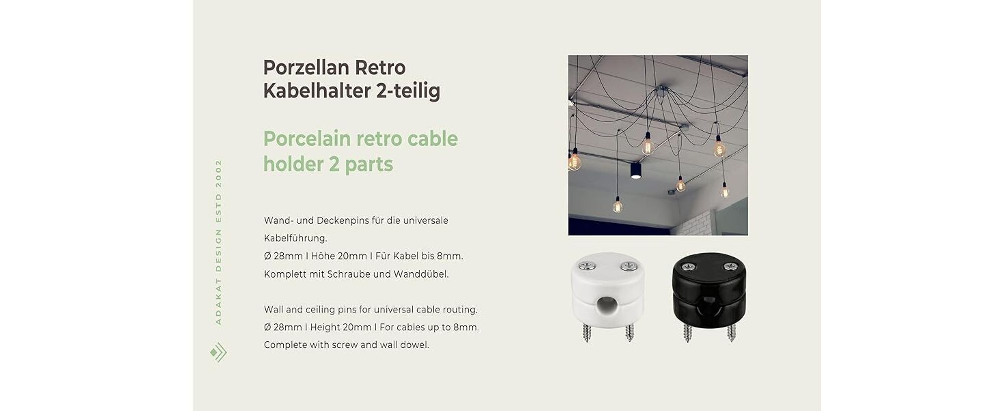 3er PACK I Porzellan Retro Kabelhalter mit Zugentlastung I schwarz