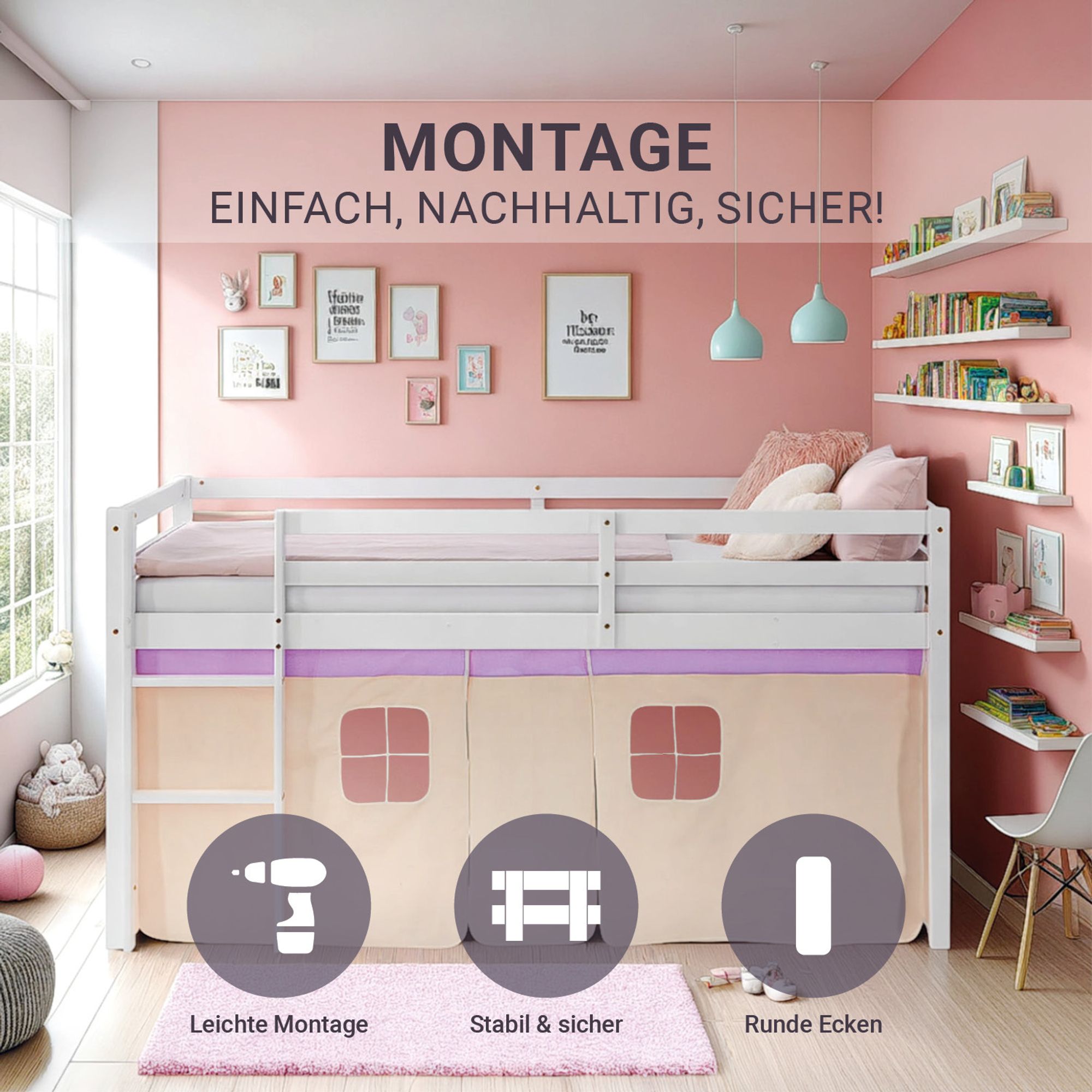 modernes Hochbett mit einfacher Montage und abgerundeten Ecken
