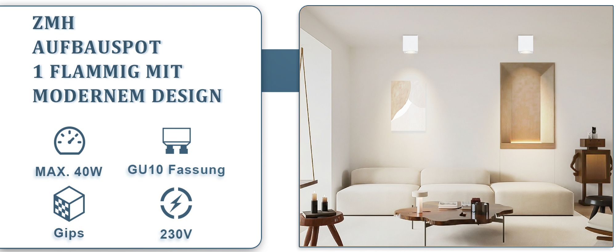 ZMH Aufbauspot 4er weiß Aufbaustrahler GU10 Aufbauleuchte eckig Deckenspots Spots Deckenleuchte Aufputz aus Gips Modern klein Deckenlampe Max.40W für Wohnzimmer Esszimmer Flur Ohne Leuchtmittel