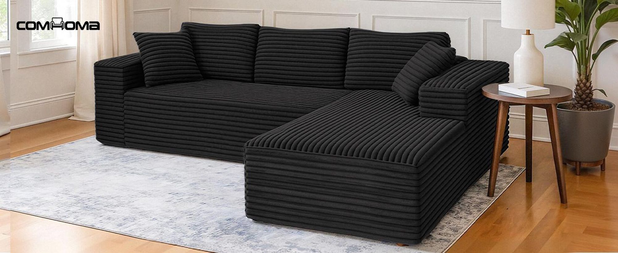 COMHOMA Sofa Big-Sofa, Canapé en L, Canapé d'angle, Chaiselongue Canapé-lit avec assise profonde et larges accoudoirs, tissu velours côtelé, noir-L