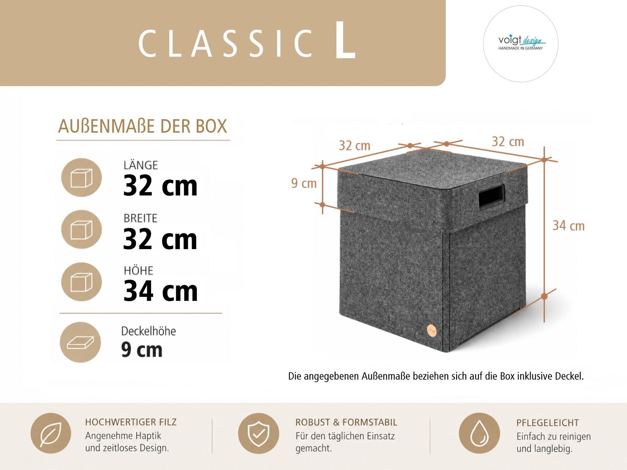 Aufbewahrungsbox CLASSIC Filz Gr. L (32x32x34 cm) mit Deckel in anthrazit meliert