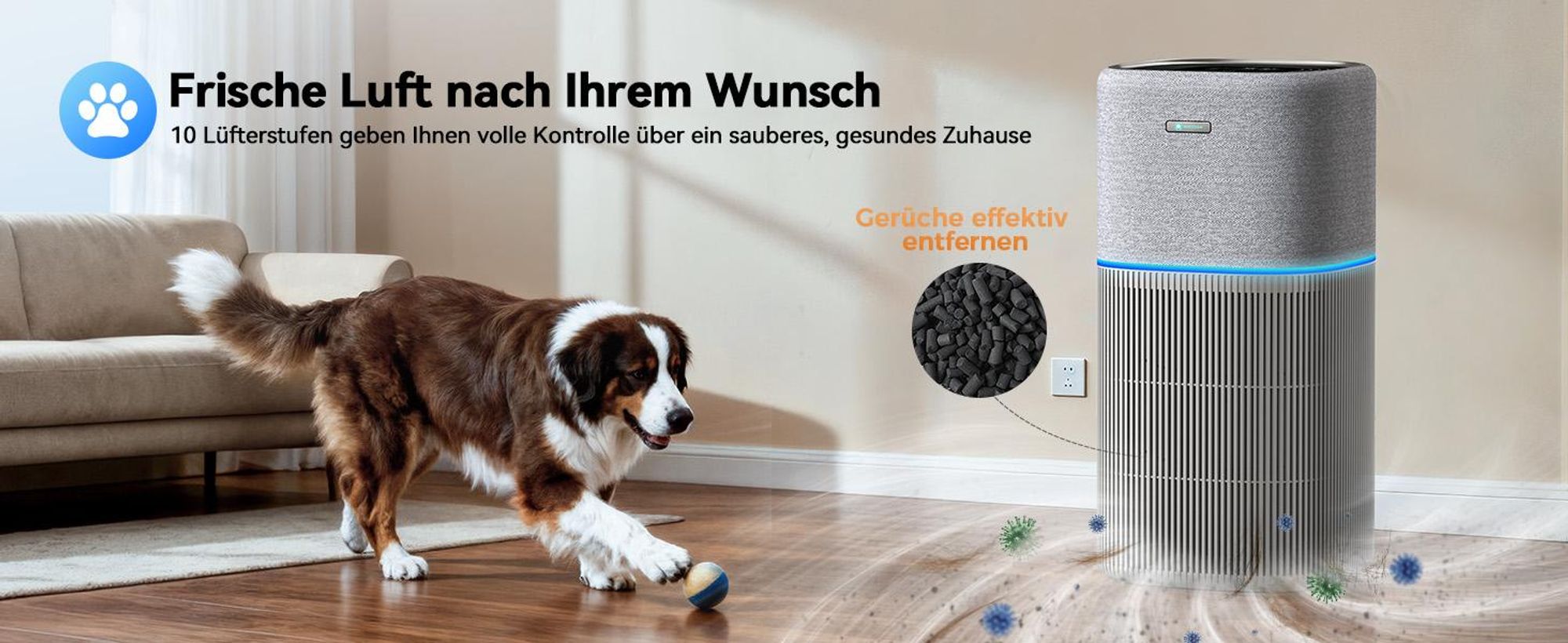 Amicura P3 Luftreiniger für Haustierallergiker, 843m³/h Tierhaarentfernung, 450 CADR - 99% Geruchsneutralisation, H13 Filter, App-Steuerung