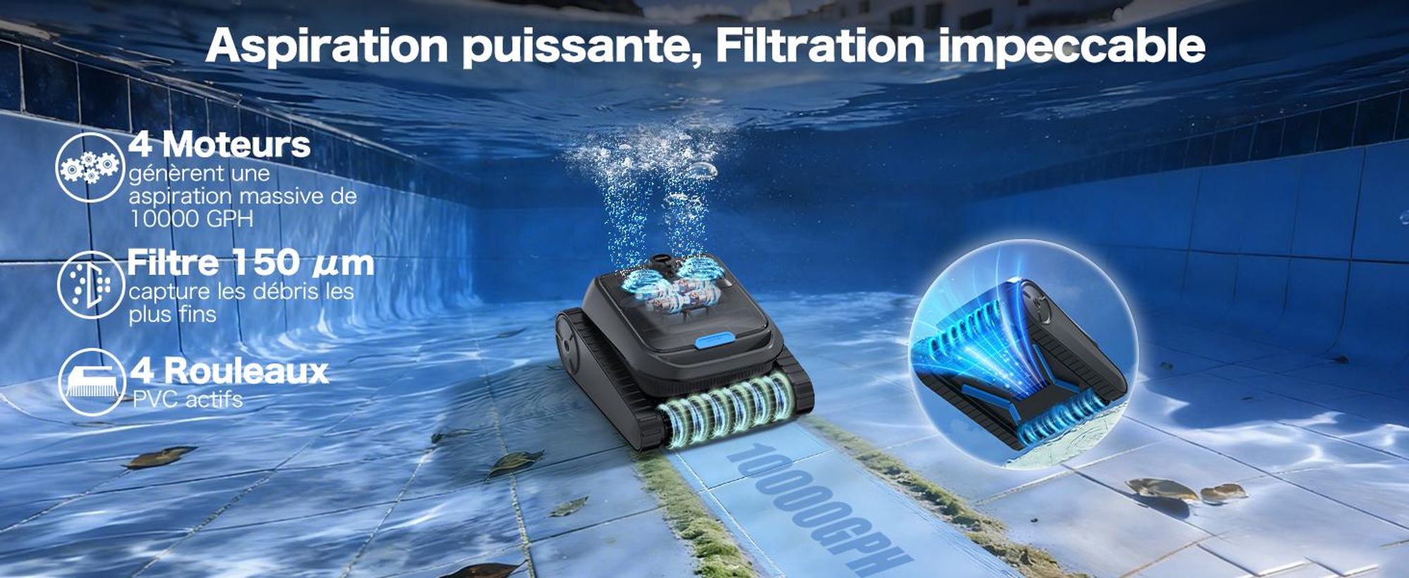 Robot de piscine AIRROBO CP400, navigation intelligente, fonction d'auto-stationnement, nettoyage tout-en-un de la surface de l'eau, du fond, des parois et de la ligne d'eau