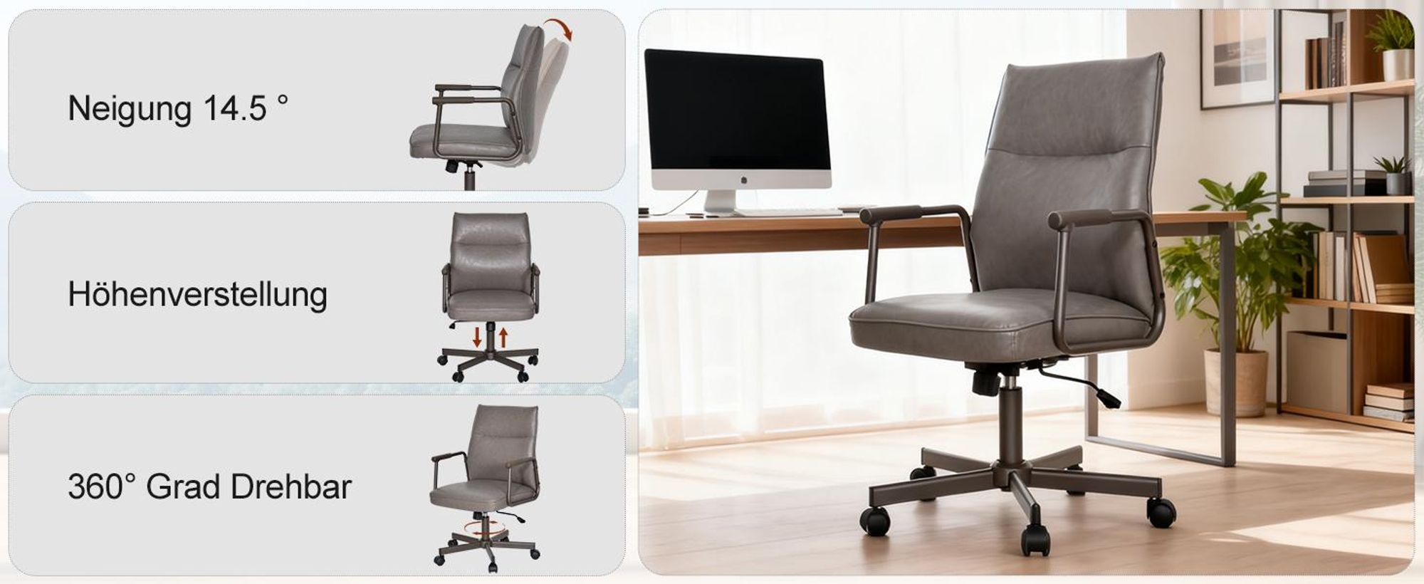 Duhome Schreibtischstuhl Ergonomisch Drehbar Bürostuhl Höhenverstellbar mit Armlehnen Drehstuhl mit Rollen für Büro Arbeitszimmer Office, Grau