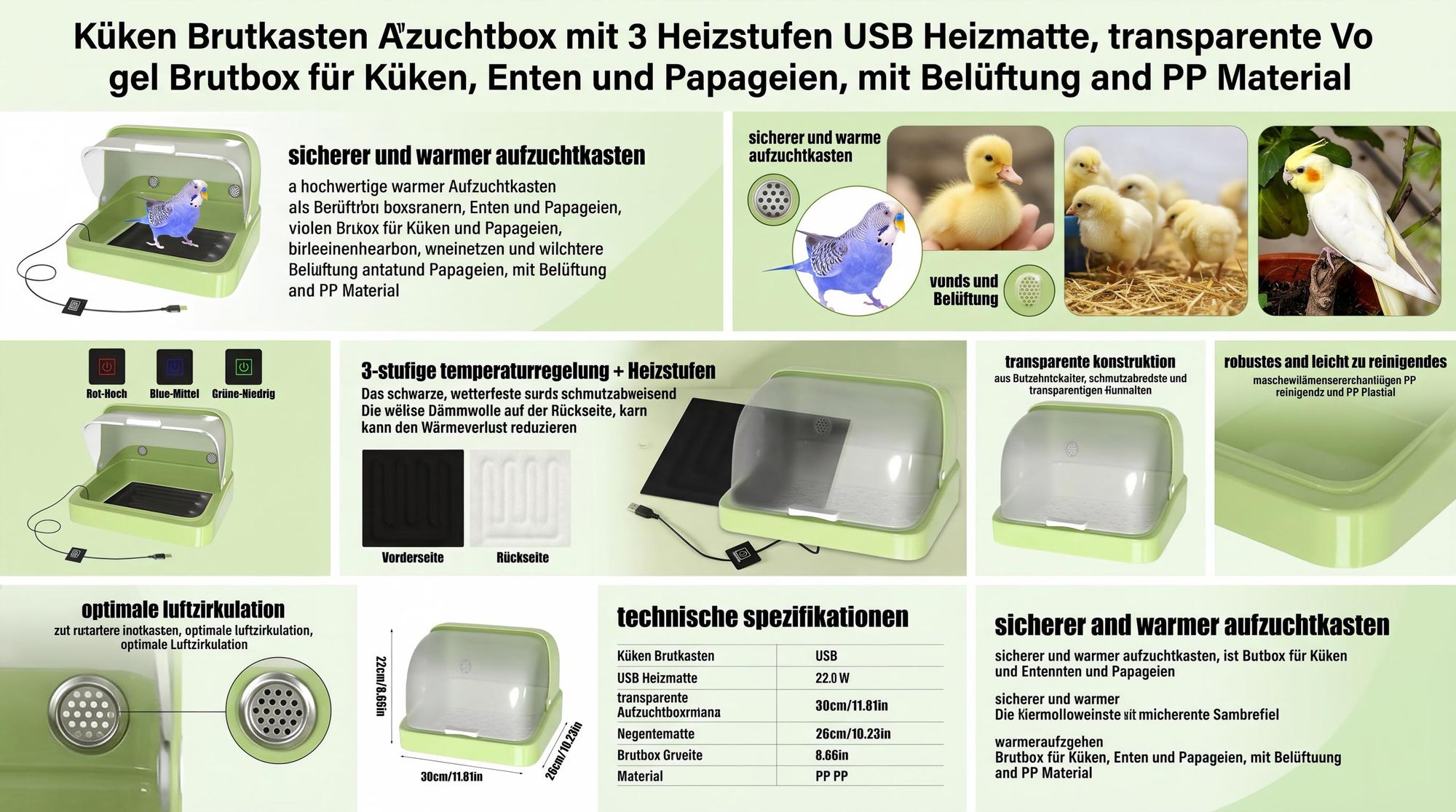 Küken Brutkasten Aufzuchtbox mit 3 Heizstufen USB Heizmatte, transparente Vogel Brutbox für Küken, Enten & Papageien, mit Belüftung & PP Material