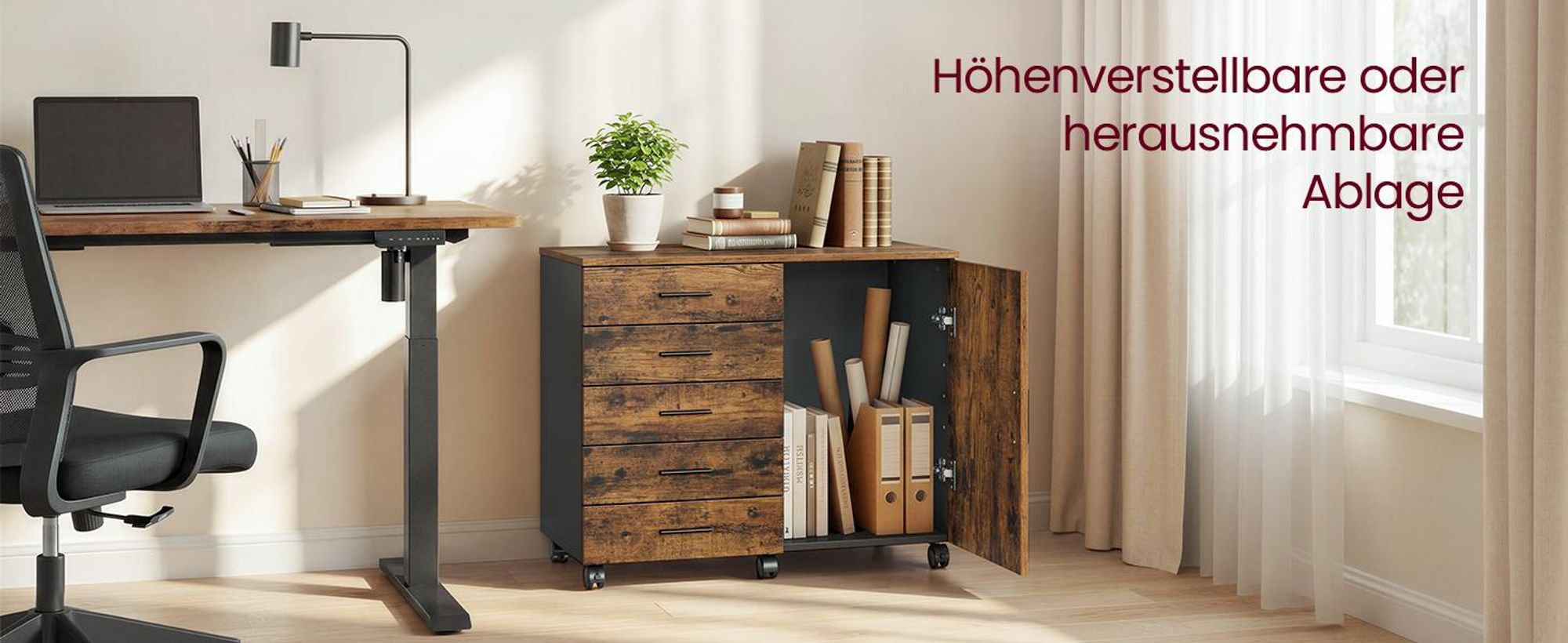 VASAGLE Rollcontainer, Aktenschrank, Schrank mit Tür, Druckerständer, 5 Schubladen, mit werkzeuglosen Gleitschienen, braun