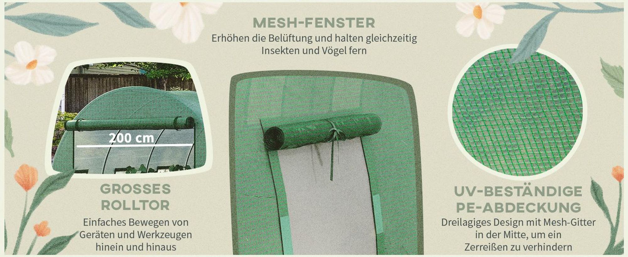 Outsunny Ersatzfolie Ersatzabdeckung 300 x 300 x 200 cm mit Fronttür, 6 Fenster