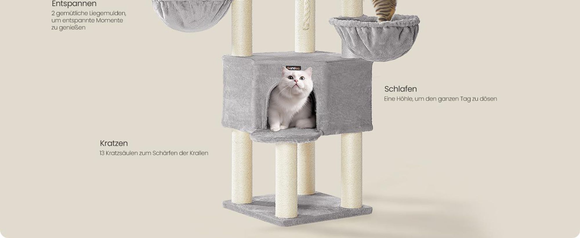 FEANDREA Kratzbaum 186 cm, Katzenbaum für große katzen, 13 dicken Säulen (11 cm d), stabil, Kippschutz, Cremeweiß