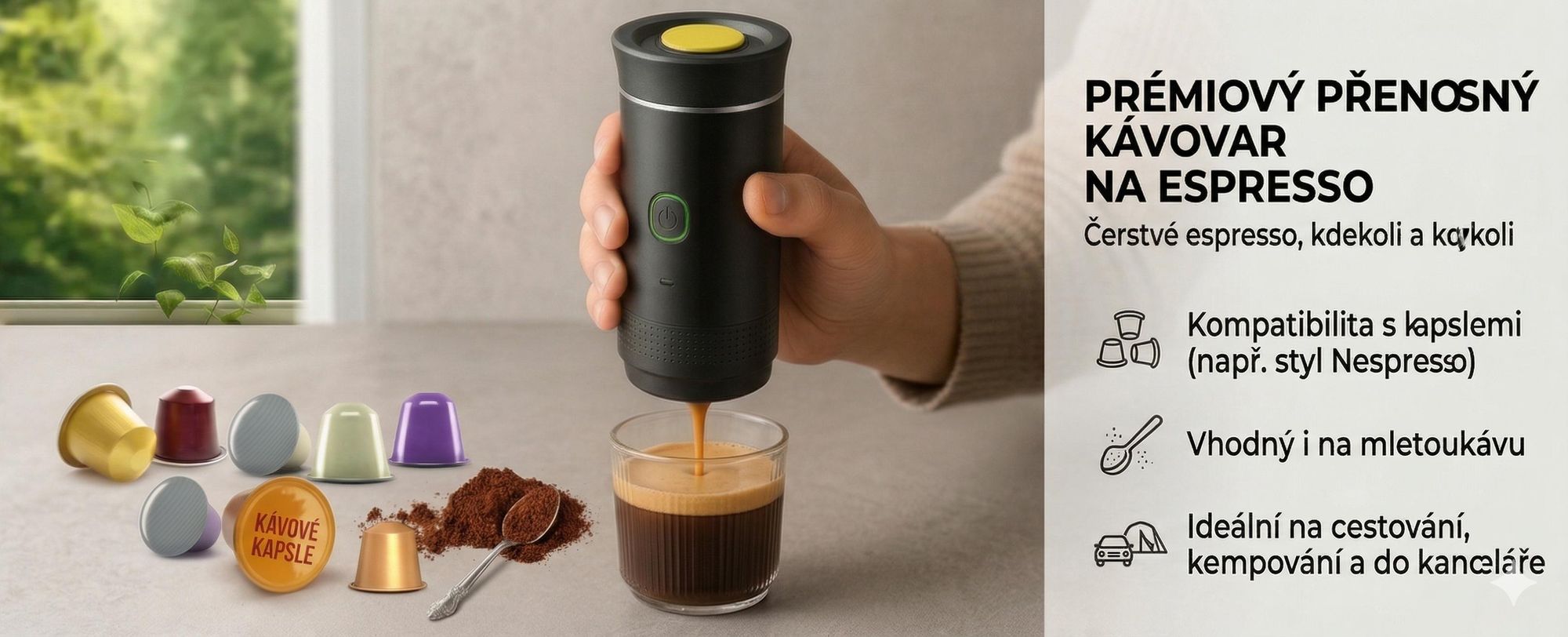 Přenosný espresovač 3 v 1 s tlakem 20 barů, mini kávovar s nabíjením přes USB-C - ESPRESSNA
