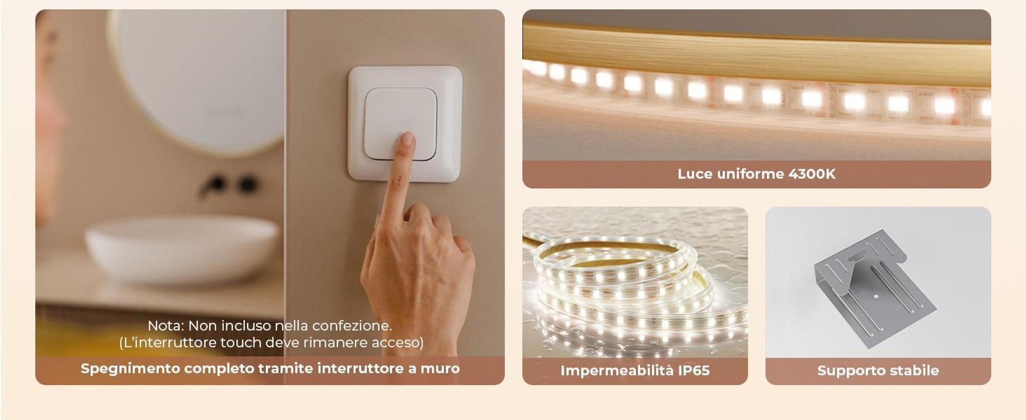 S'AFIELINA Specchio da bagno LED Rotondo 70cm, touch, antiappannamento, dimmerabile, orologio, temperatura, memoria, oro