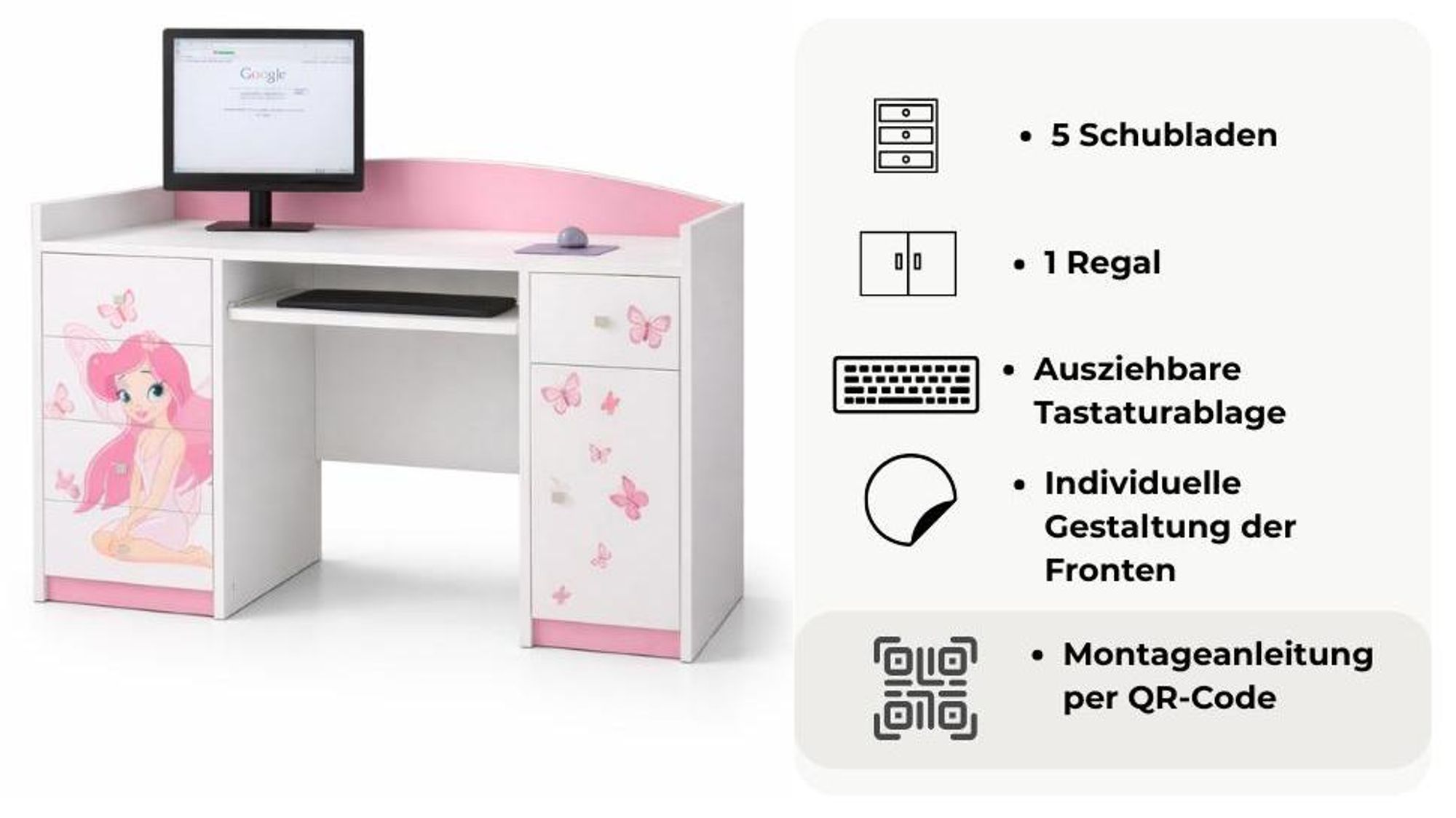 Fünf Schubladen und ein Regal sind perfekt für ein Kinderzimmer.