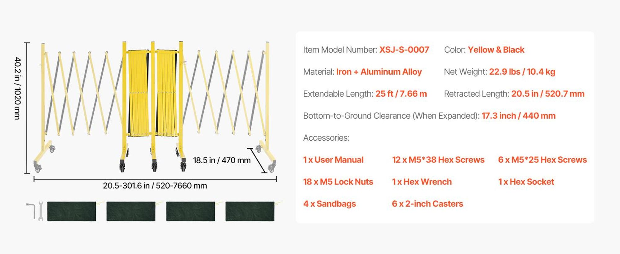 VEVOR Erweiterbare Absperrung, 3,37 m erweiterbare Sicherheitsbarriere, flexible mobile Absperrung mit verriegelbaren Rollen, tragbares faltbares Sicherheitstor aus Metall für Terrasse, Garten, Treppe, 520-7660x470x1020 mm