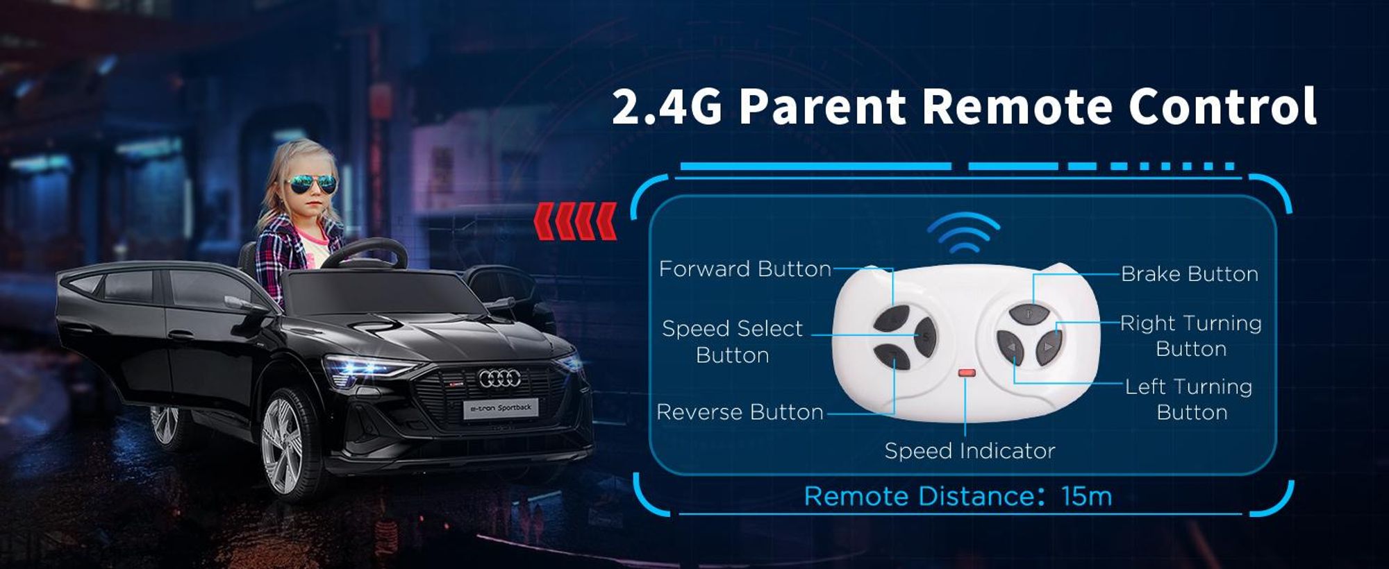 HOMCOM Elektryczny samochodzik dla dzieci, 12 V Audi E-tron z pilotem, pasem bezpieczeństwa, muzyką (MP3/USB/TF), jeździk dla dzieci w wieku 3-5 lat, 3-5 km/h, czarny