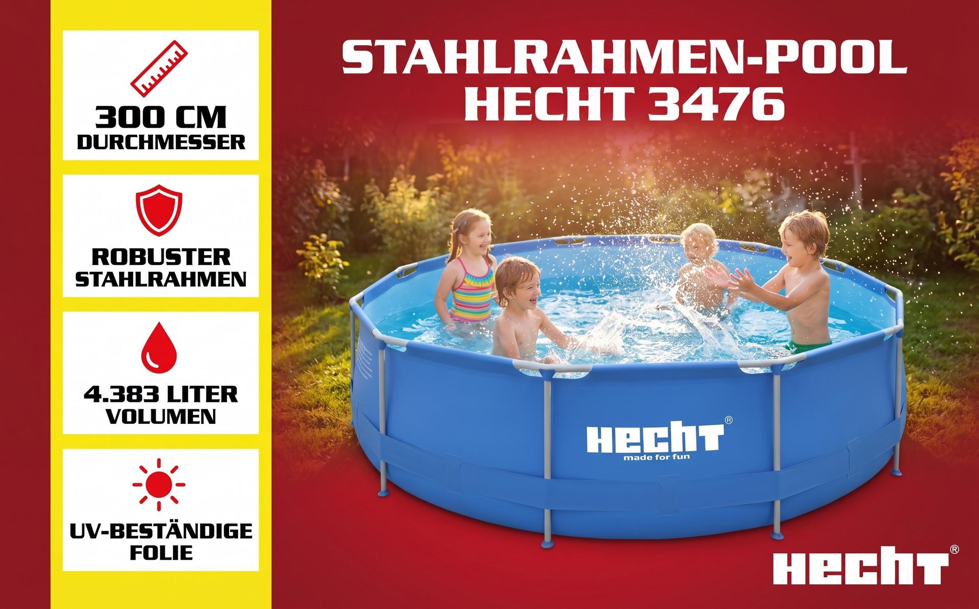 HECHT 3476 Metall Frame Pool Gartenpool | ⌀ 300 cm | 76 cm Höhe | 4383 Liter | 0,3 mm Folie