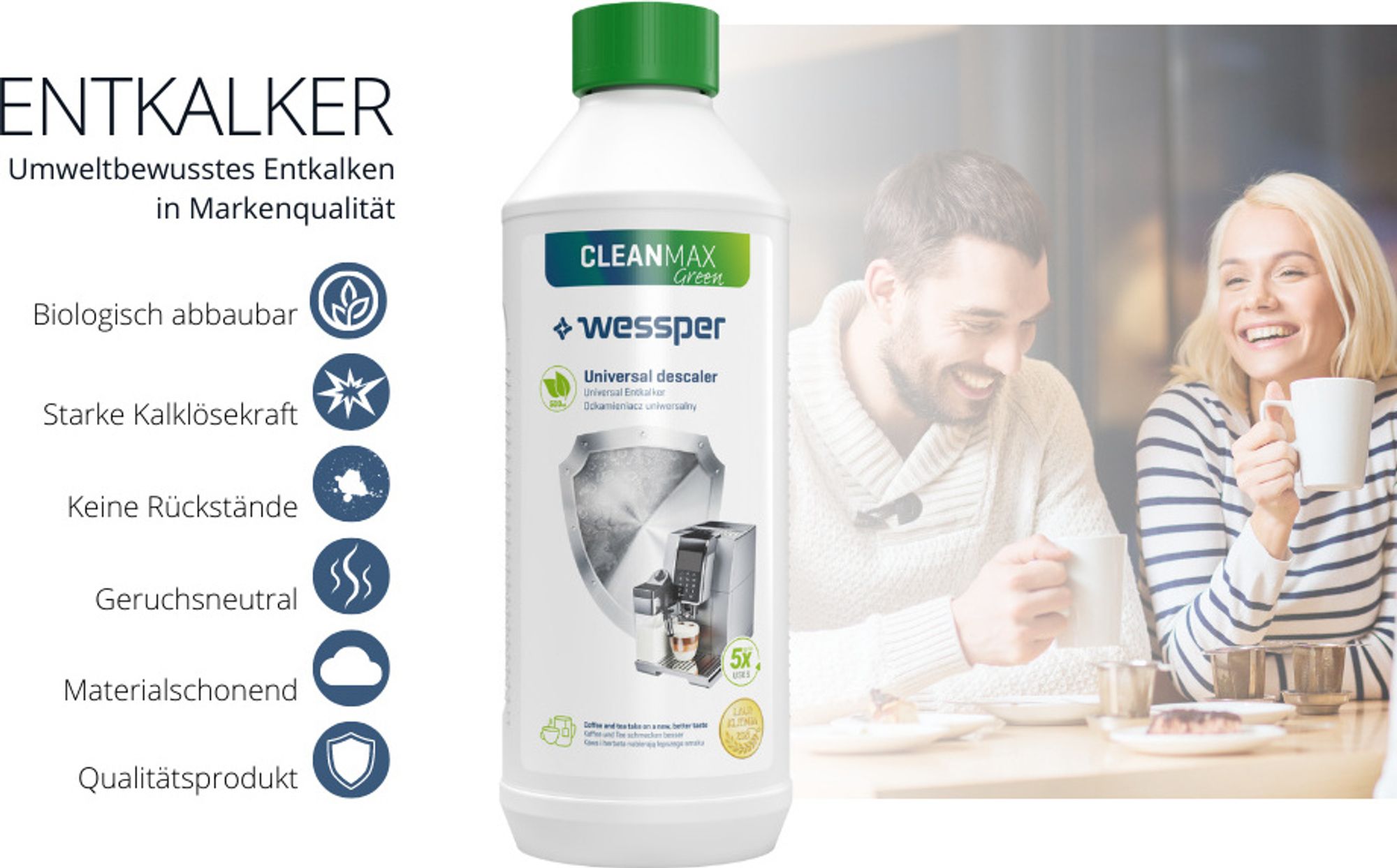 Wessper CleanMax Green Entkalker 4×500 ml – ökologisch, Universal für Kaffeevollautomaten, kompatibel mit De’Longhi, Jura, Siemens u. v. m.