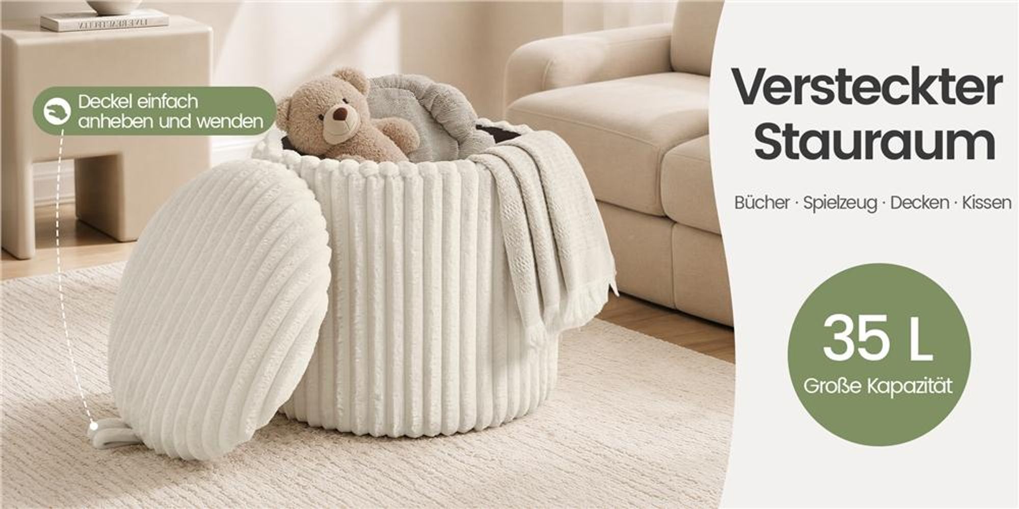 Yaheetech runder Hocker mit 35L Stauraum, Cordstoff, ∅43 x 45 cm, mit wendbarem 2-in-1-Deckel, bis 136 kg, Beige