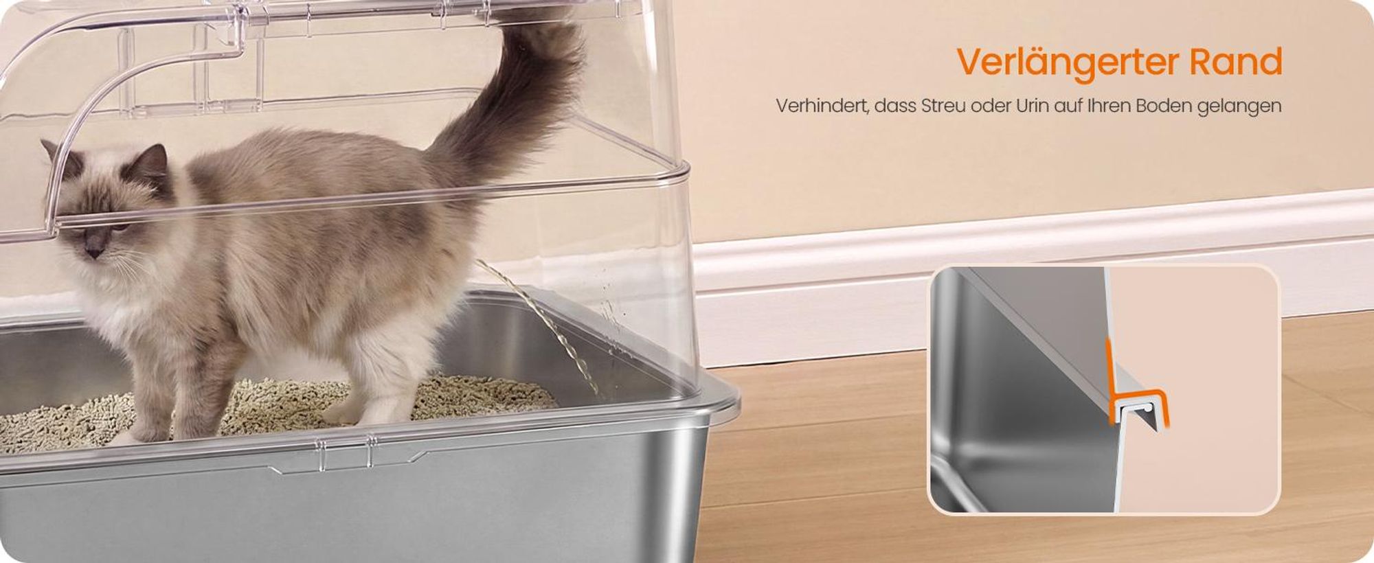 FEANDREA Katzenklo aus Edelstahl, geschlossene Katzentoilette mit Deckel und 2 Eingängen, mit Schaufel und Bürste, hellgrau