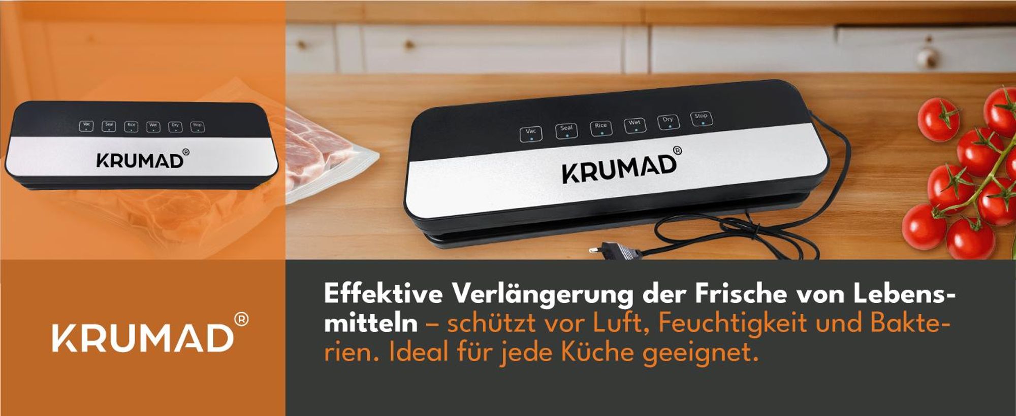 KRUMAD Vakuumiergerät 130W - Automatischer Vakuumierer mit 65 kPa, 30 cm Schweißnaht & 5 Modi - Für Lebensmittel, Fleisch, Gemüse & Sous-Vide
