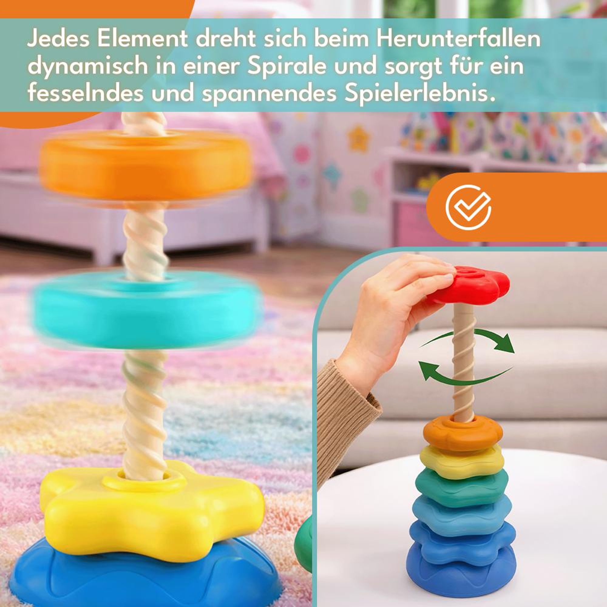 KRUMAD Stapelturm Kinder, Steckspiel mit Ringen, Lernspielzeug ab 3 Jahre, Montessori Stapelspiel, Farben & Formen lernen, Motorikspielzeug Baby