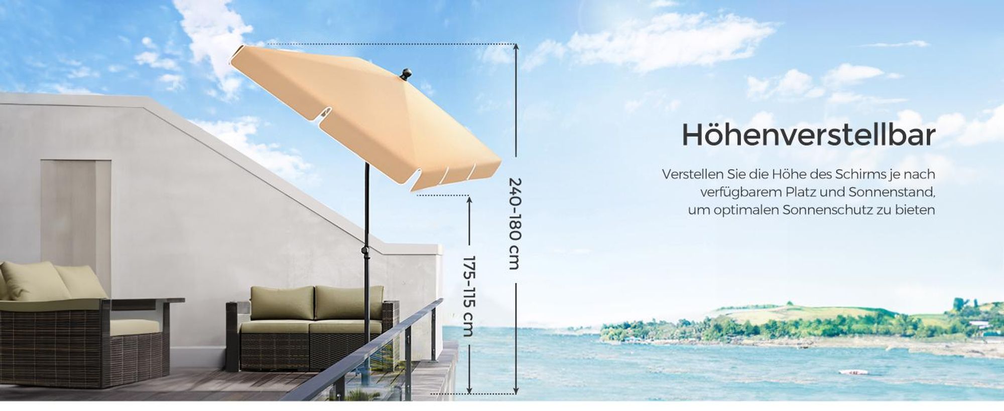 SONGMICS Sonnenschirm 200 x 125 cm UPF 50+ Sonnenschutz