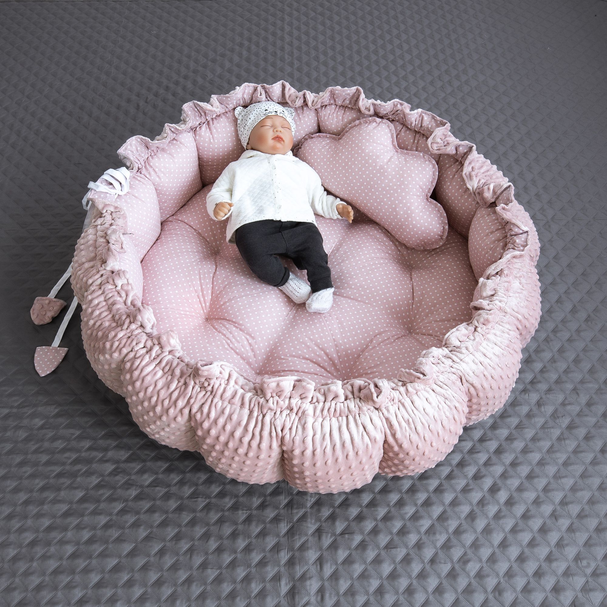 Zweiseitig Babynest ENGELSNEST XXL PUNKTE Rosa/ MINKY Altrosa Baumwolle + Wolke Kissen (Reisebett Nestchen Ausstattung SET)
