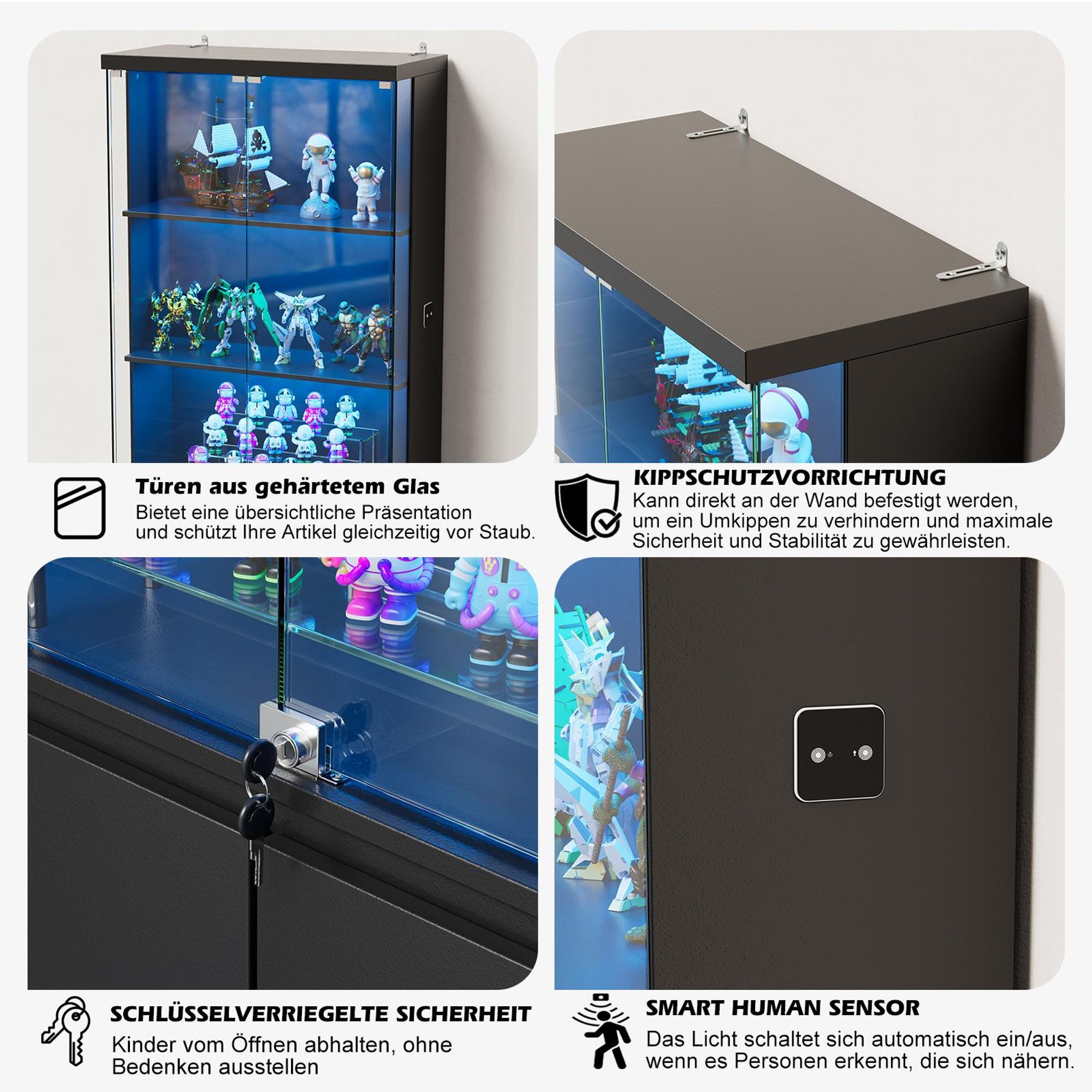 Glasvitrinen mit LED beleuchtung und menschlicher Sensor, 75x38x180cm