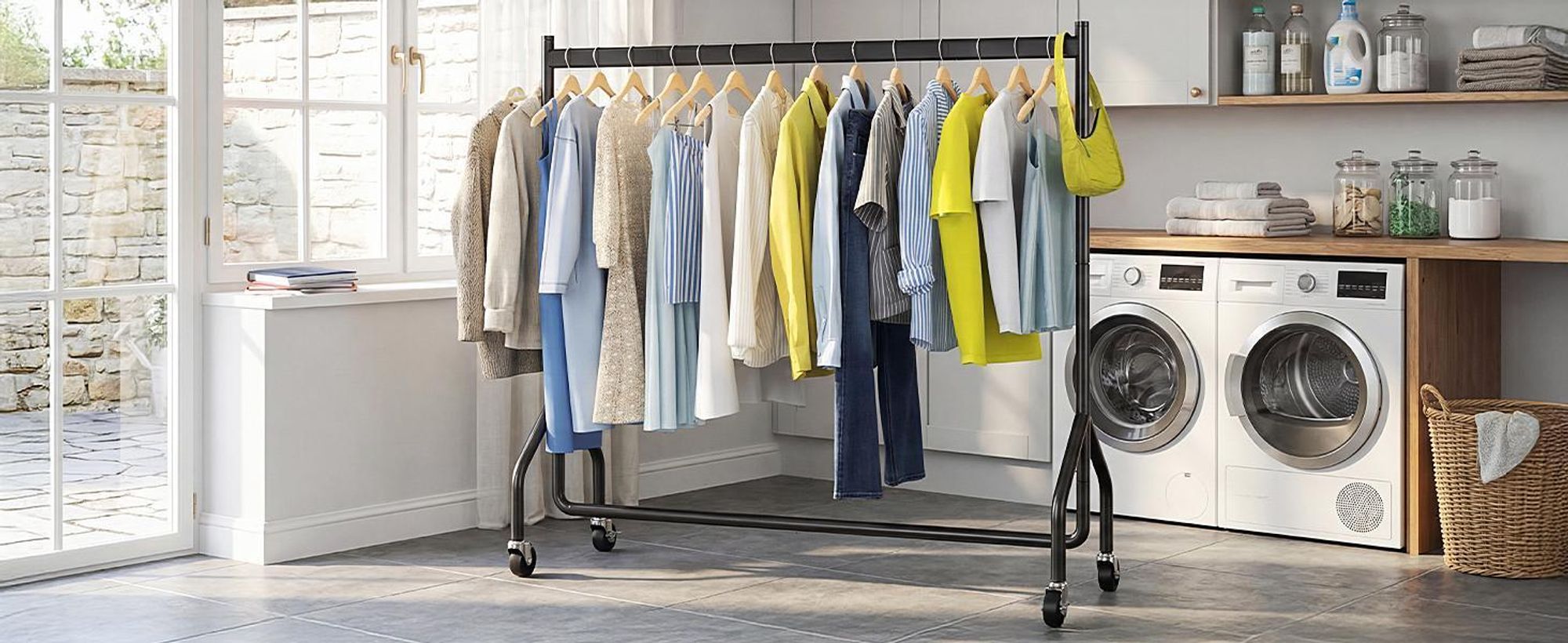 HOKEEPER Schwerlast Kleiderständer auf Rollen,Kleiderstange kleiderstangen für Hängende Fahrbarer Klamotten Closet Garderobe Rack, 180x46x152cm